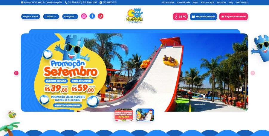 Página inicial do site Castelo Park Aquático, projeto da Eco Webdesign