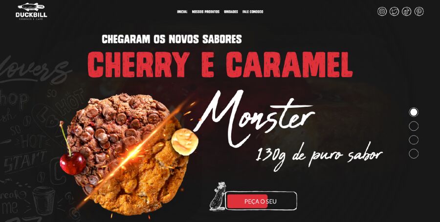Página inicial do site Duckbill Cookies e Cafés, projeto da Eco Webdesign