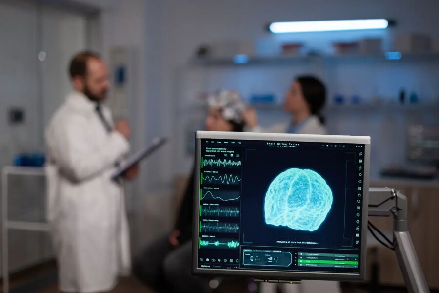 Imagem tela-computador-laboratorio-medico-imagem-3d-azul-graficos