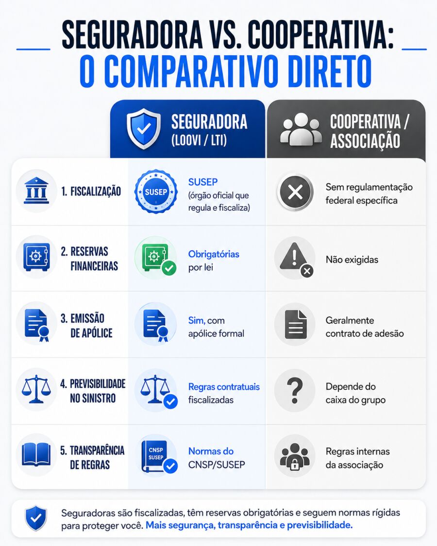 Infográfico comparativo apresentando as diferenças de uma seguradora para uma associação.