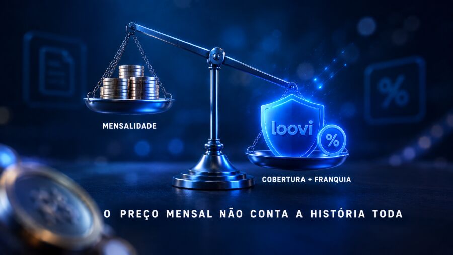 Balança comparando mensalidade e cobertura total, incluindo franquia, para ilustrar que custo-benefício vai além do preço mensal do seguro