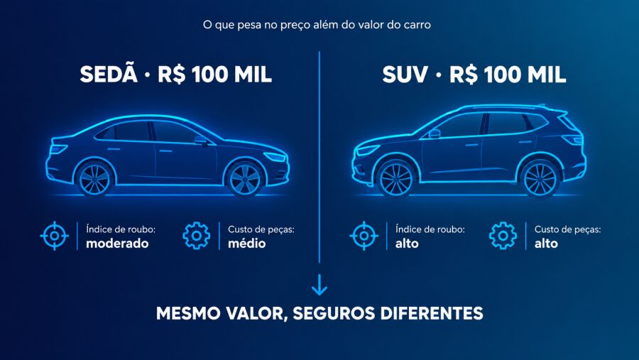 Comparação entre dois carros de R$100 mil, um sedã e um SUV, mostrando que índice de roubo e custo de peças influenciam o preço do seguro além do valor do veículo.