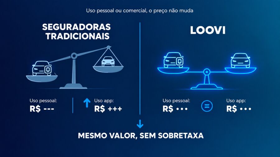 Comparação entre seguradoras tradicionais, que cobram mais caro para carro usado em aplicativo, e a Loovi, que mantém o mesmo valor para uso pessoal e comercial