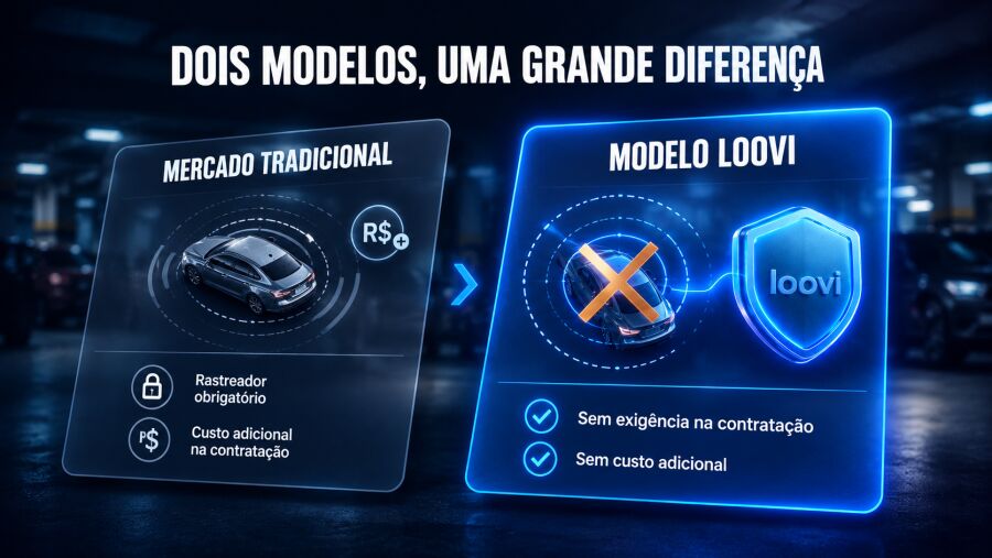 Comparação entre seguradoras que exigem rastreador na contratação, com custo adicional, e o modelo da Loovi, sem essa exigência inicial.